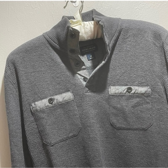 🍀LUCKY BRAND Men’s Gray FRENCH RIB MOCK NECK Pullover Polo Shirt Long Slv Sz M - Picture 4 of 10